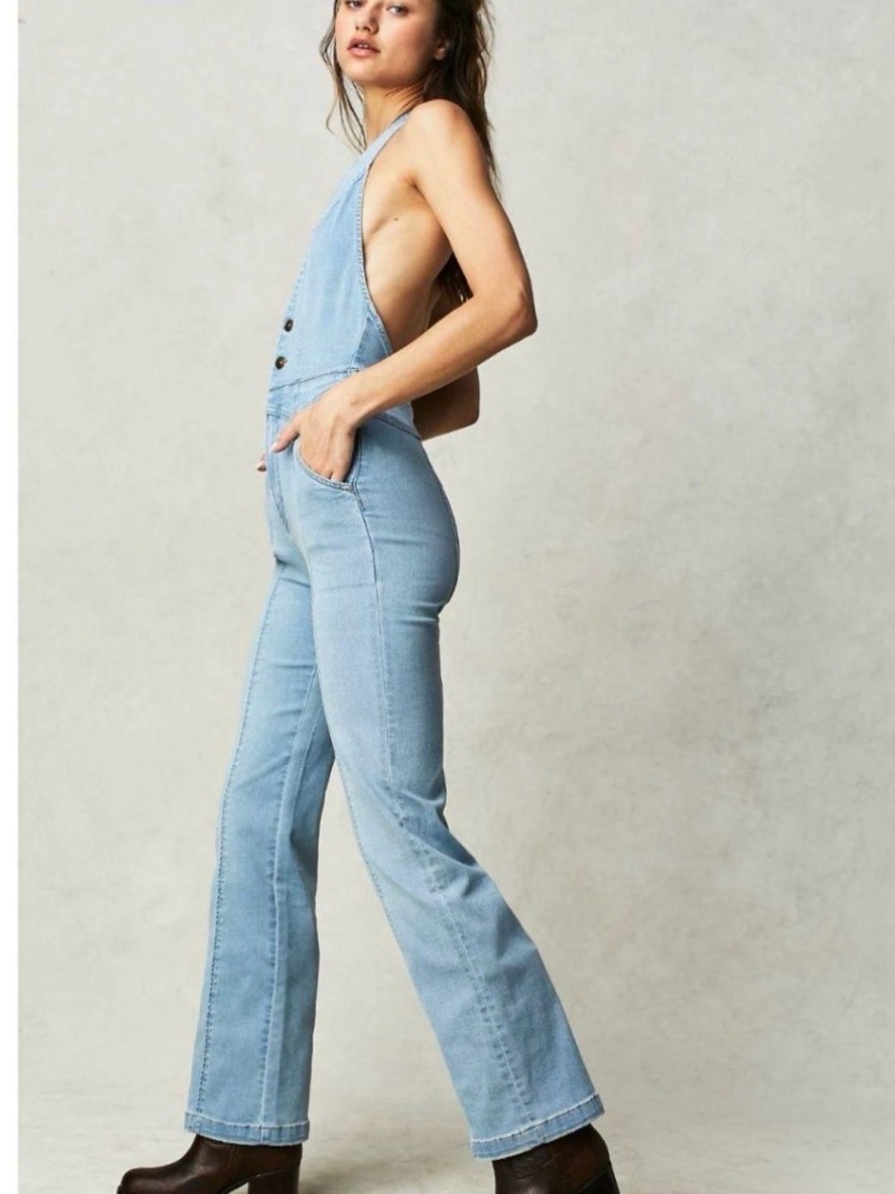 We The Free Light Blue Denim Overalls - Flared Women's Jumpsuit